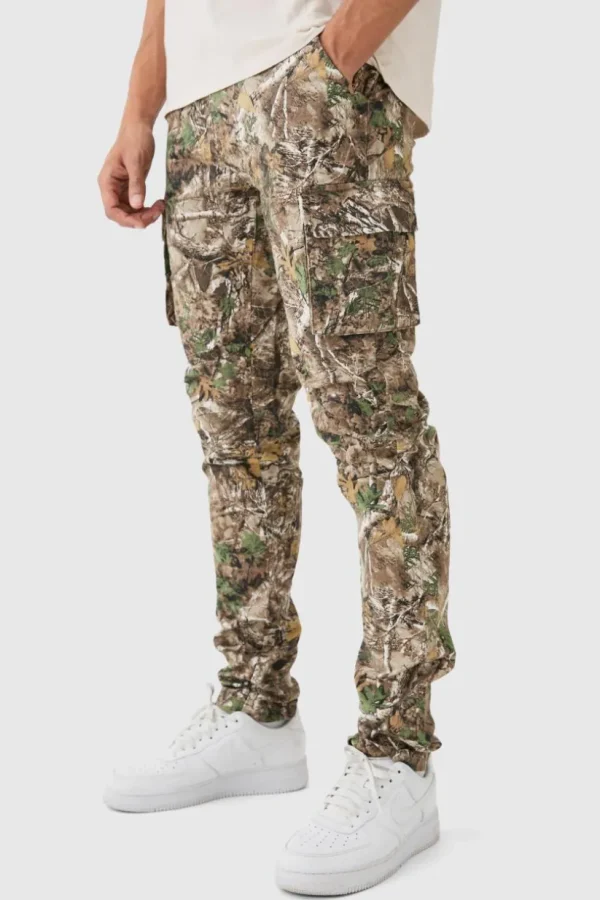 boohooMAN Forest Camo Slim Stacked Multi Cargo Trouser | Cargo Trousers