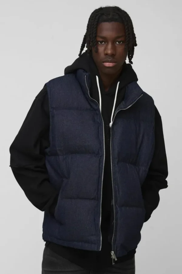 boohooMAN Funnel Neck Denim Puffer Panelled Gilet | Denim | Going Out Denim