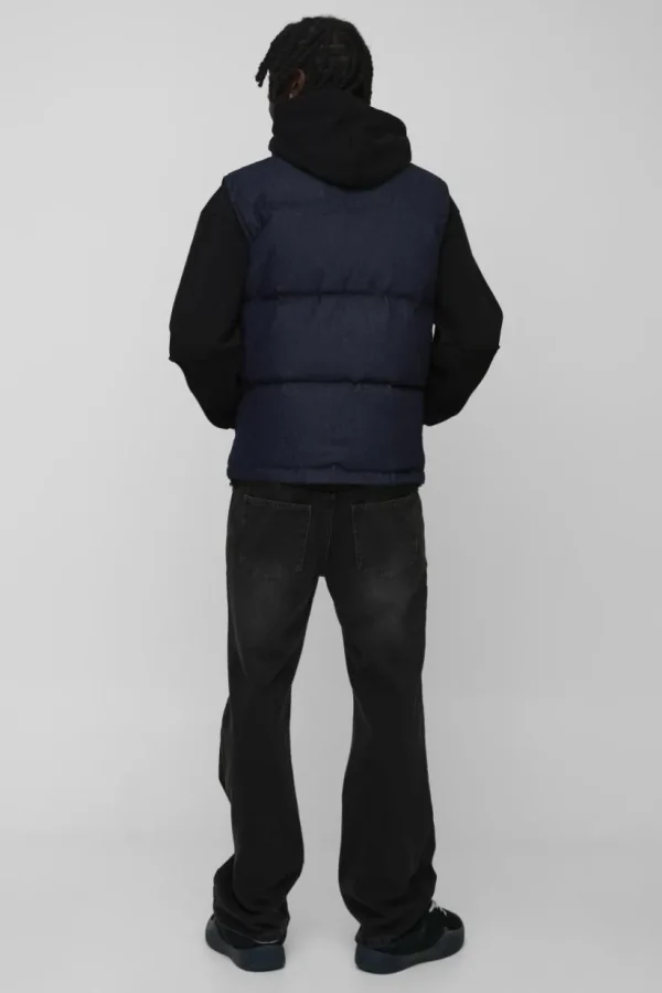 boohooMAN Funnel Neck Denim Puffer Panelled Gilet | Denim | Going Out Denim