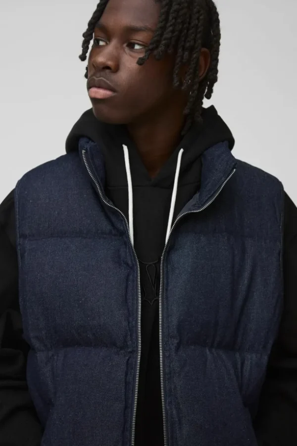 boohooMAN Funnel Neck Denim Puffer Panelled Gilet | Denim | Going Out Denim