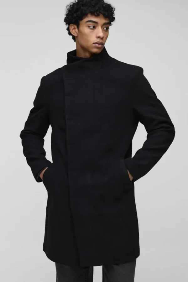 boohooMAN Funnel Neck Wool Look Overcoat in | Going Out | Going Out Jackets