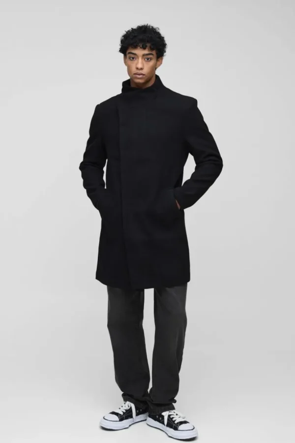 boohooMAN Funnel Neck Wool Look Overcoat in | Going Out | Going Out Jackets