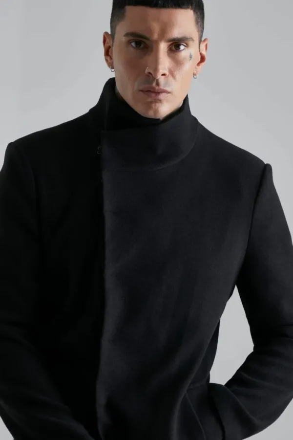 boohooMAN Funnel Neck Wool Look Overcoat in | Going Out | Going Out Jackets