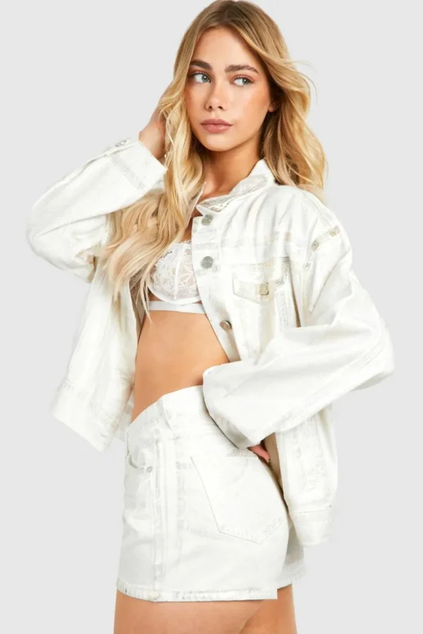 boohoo Coated Metallic Oversized Denim Jacket & Denim Shorts Co-Ord | Women Shirts | Foundation