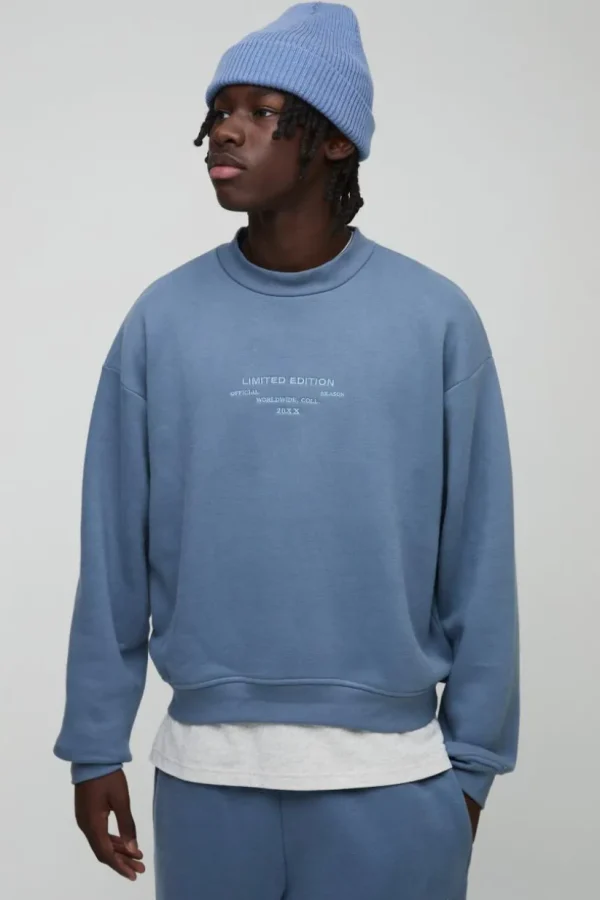 boohooMAN 330GSM Oversized Boxy Extended Neck Peached Embroidered Text Sweatshirt | Basics - Elevated