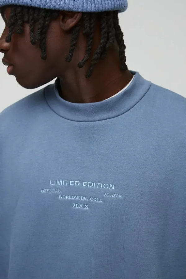 boohooMAN 330GSM Oversized Boxy Extended Neck Peached Embroidered Text Sweatshirt | Basics - Elevated