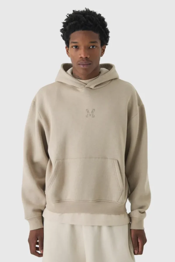 boohooMAN 330GSM Oversized Boxy M Flocked Hoodie | Hoodies & Sweats