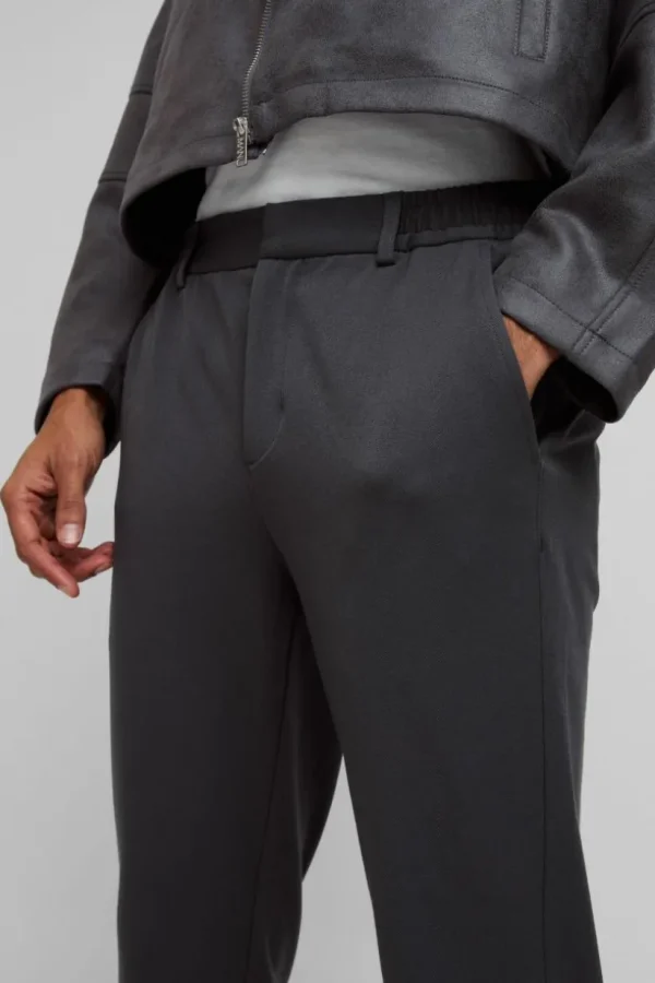 boohooMAN Half Elastic Waistband Stretch Tapered Tailored Trouser in | Going Out | Trousers