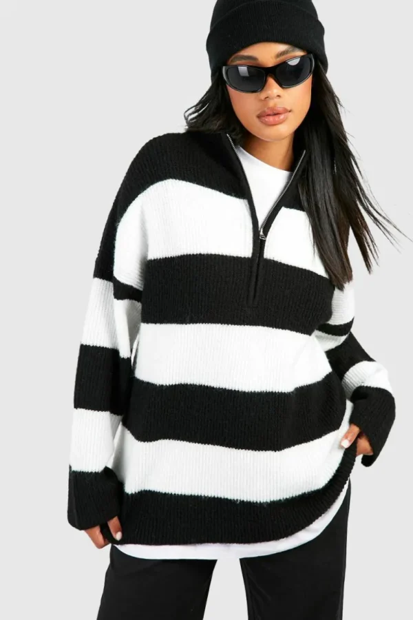 boohoo Half Zip Soft Knit Stripe Jumper | Women Shirts | Foundation