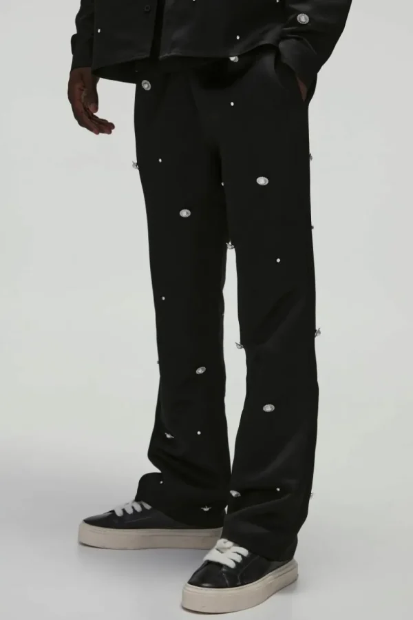 boohooMAN Heavy Satin Embellished Elasticated Waist Flared Trousers | Going Out