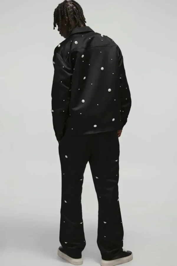 boohooMAN Heavy Satin Embellished Elasticated Waist Flared Trousers | Going Out