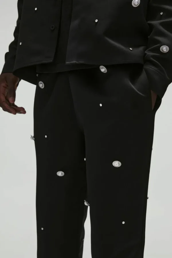 boohooMAN Heavy Satin Embellished Elasticated Waist Flared Trousers | Going Out