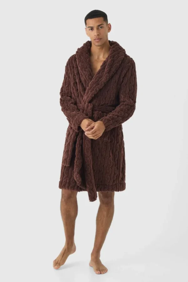 boohooMAN Heavyweight Cable Knit Fleece Robe | Loungewear