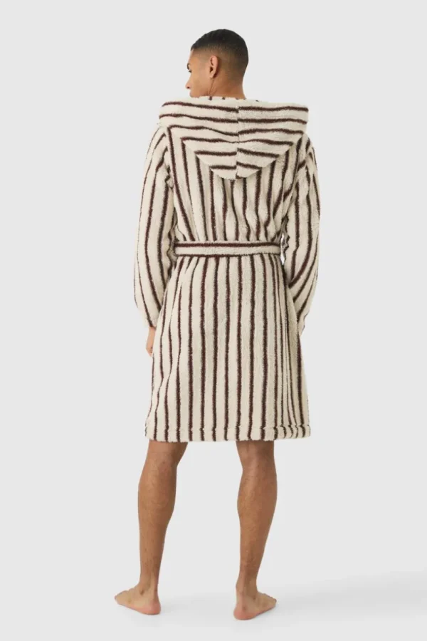 boohooMAN Heavyweight Stripe Fleece Robe With Woven Tab | Loungewear