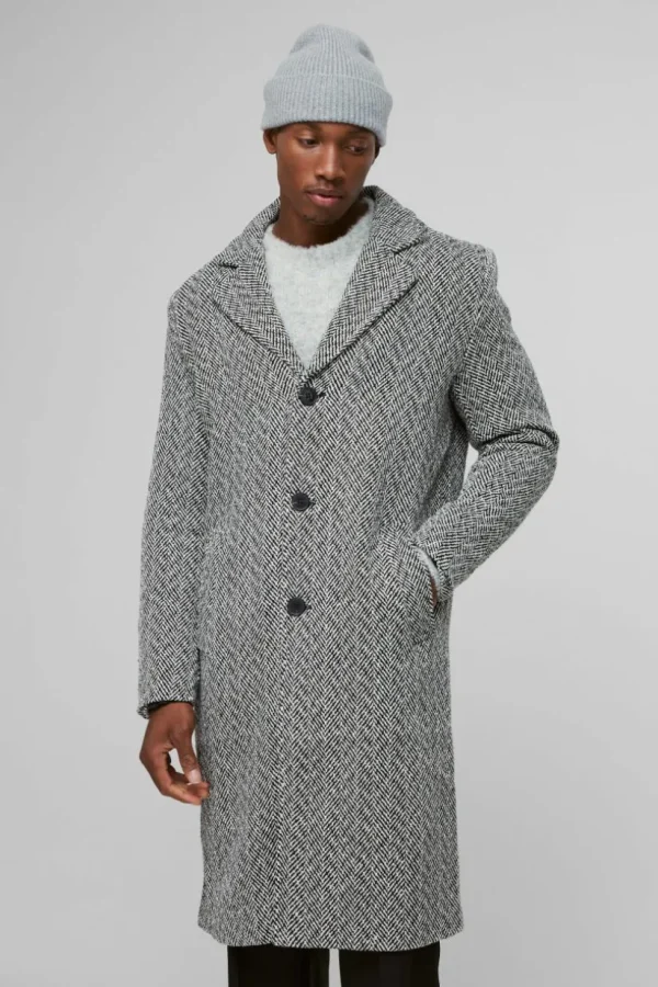 boohooMAN Herringbone Single Breasted Overcoat In | Man | Coats & Jackets