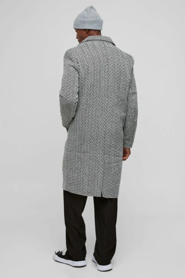 boohooMAN Herringbone Single Breasted Overcoat In | Man | Coats & Jackets