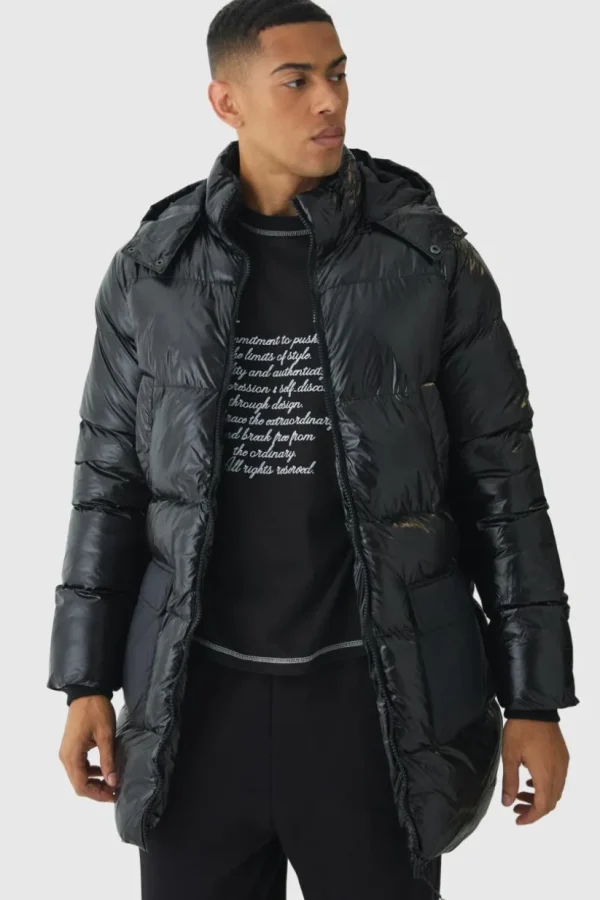 boohooMAN High Shine & Nylon Mid Length Puffer | Man | Coats & Jackets