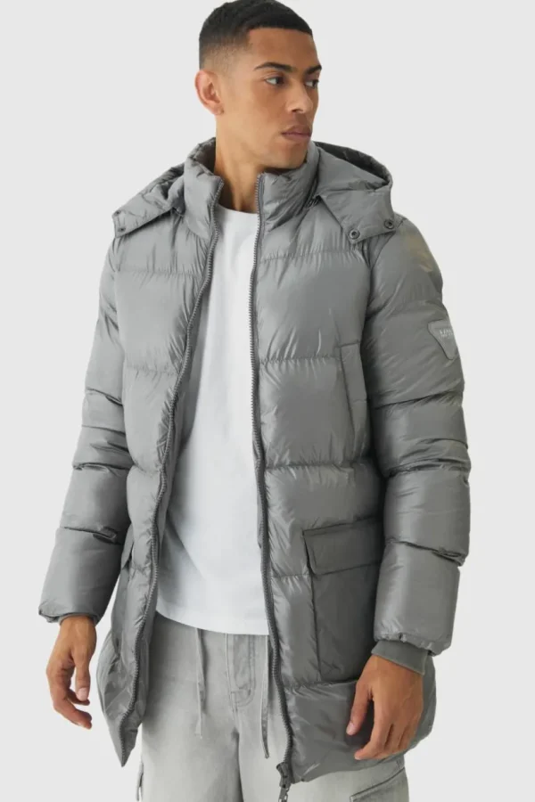 boohooMAN High Shine & Nylon Mid Length Puffer | Man | Coats & Jackets