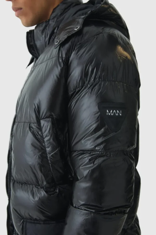 boohooMAN High Shine & Nylon Mid Length Puffer | Man | Coats & Jackets