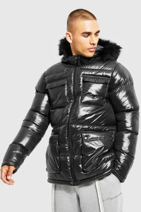 boohooMAN High Shine 4 Pocket Fur Trim Hood Parka | Man | Coats & Jackets