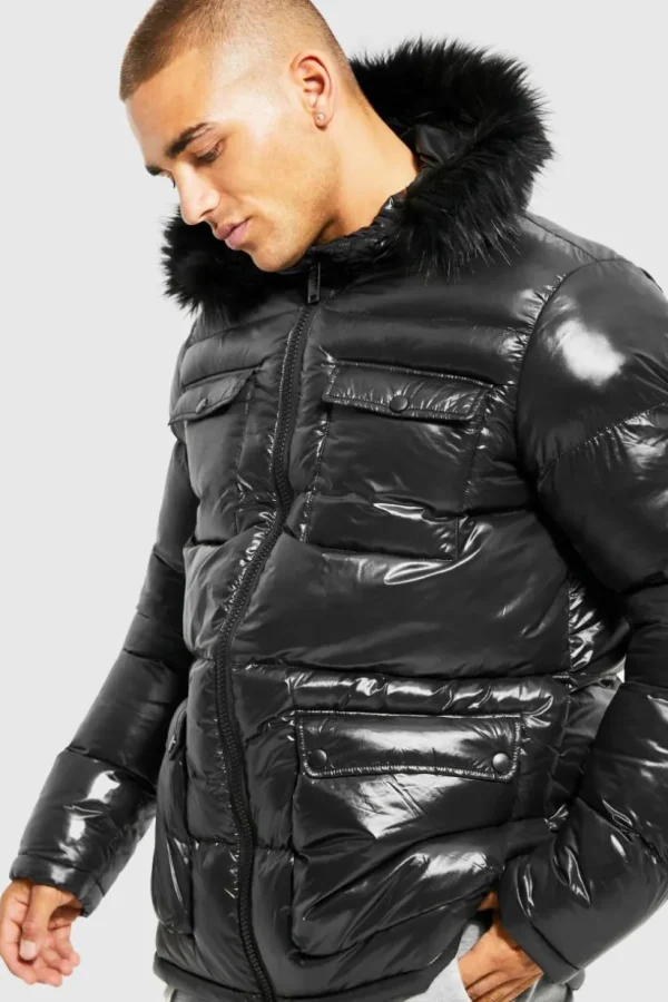 boohooMAN High Shine 4 Pocket Fur Trim Hood Parka | Man | Coats & Jackets