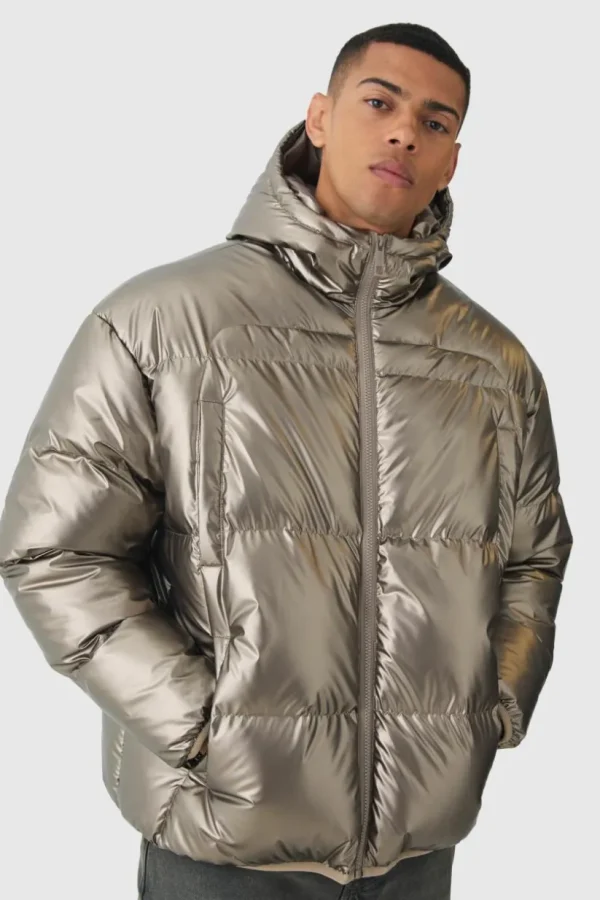 boohooMAN High Shine Hooded Quilted Puffer In | Man | Coats & Jackets