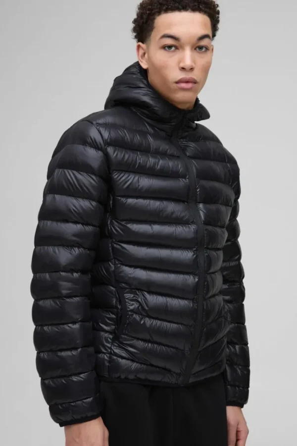 boohooMAN High Shine Quilted Hooded Jacket In | Man | Coats & Jackets