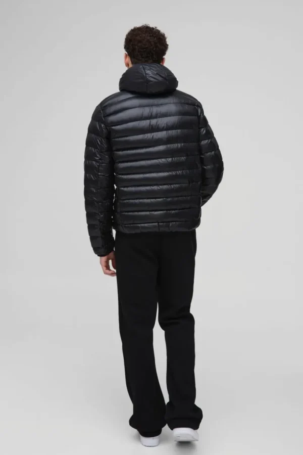 boohooMAN High Shine Quilted Hooded Jacket In | Man | Coats & Jackets