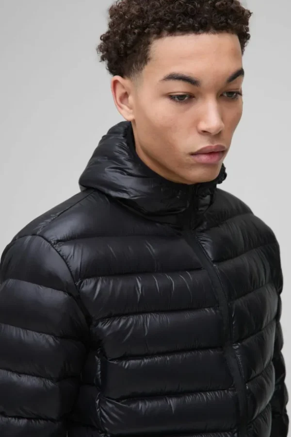 boohooMAN High Shine Quilted Hooded Jacket In | Man | Coats & Jackets