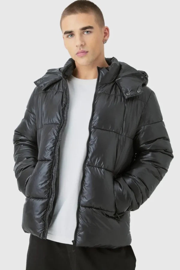 boohooMAN Hooded High Shine Puffer Jacket in | Man | Coats & Jackets