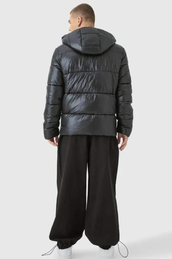 boohooMAN Hooded High Shine Puffer Jacket in | Man | Coats & Jackets