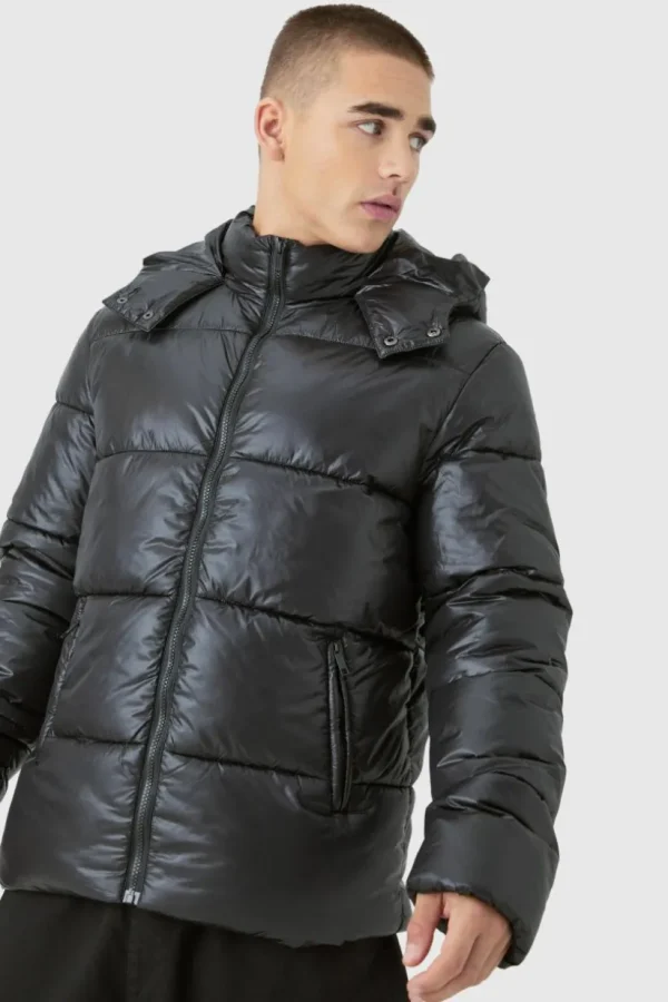 boohooMAN Hooded High Shine Puffer Jacket in | Man | Coats & Jackets