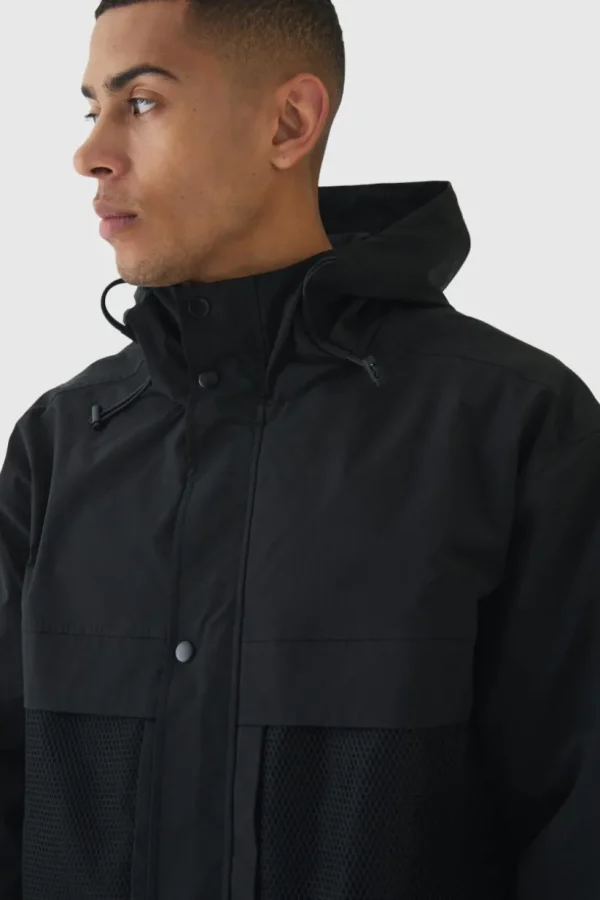 boohooMAN Hooded Mesh Panel Tech Parka In | Man | Coats & Jackets