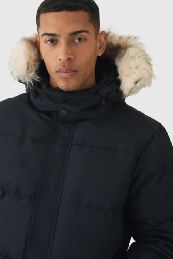 boohooMAN Hooded Puffer With Removeable Faux Fur Trim In | Man | Coats & Jackets