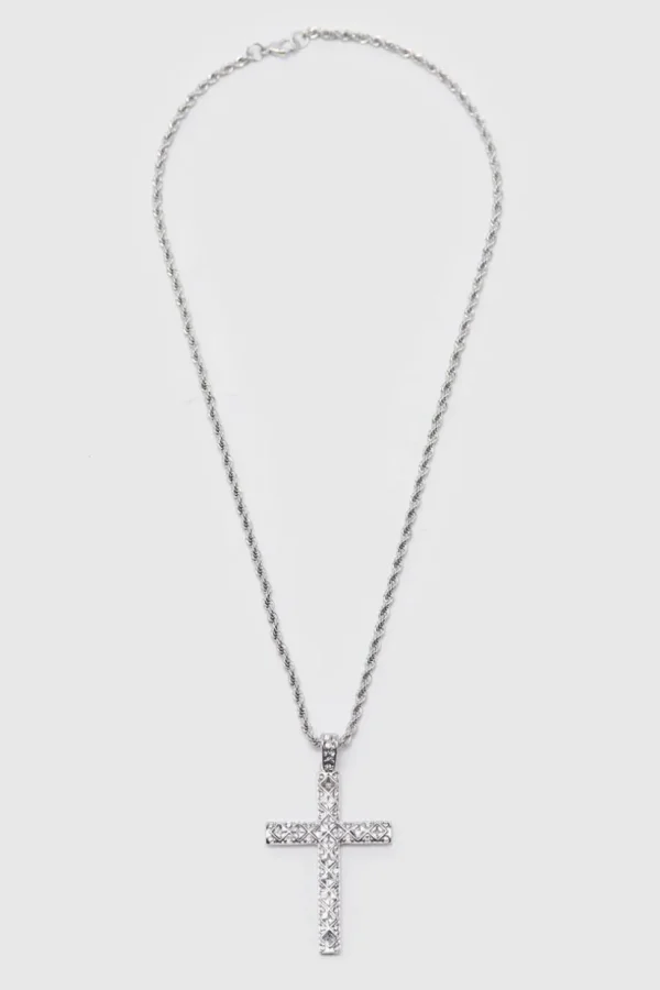 boohooMAN Iced Crystal Cross Necklace with Gift Bag | Going Out | Jewellery & Watches