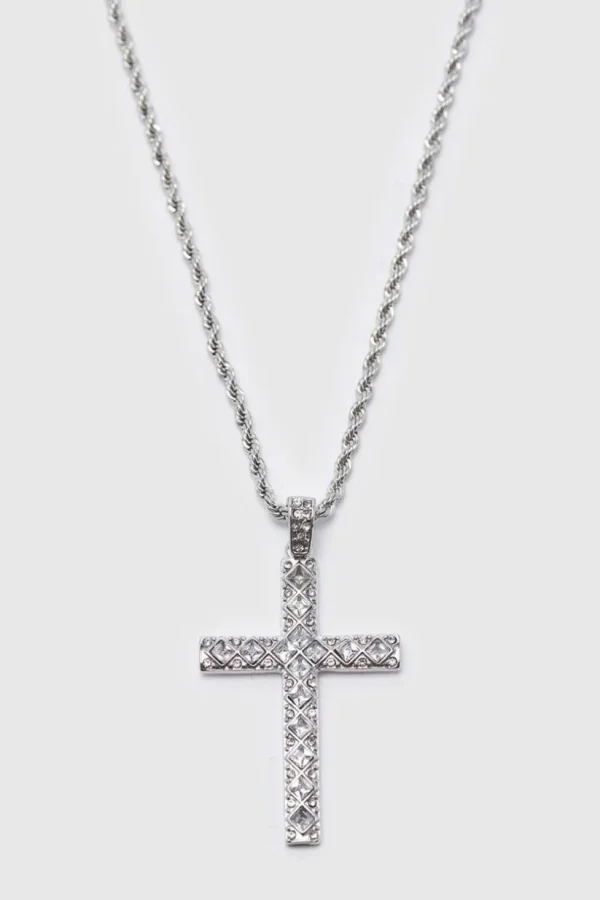 boohooMAN Iced Crystal Cross Necklace with Gift Bag | Going Out | Jewellery & Watches