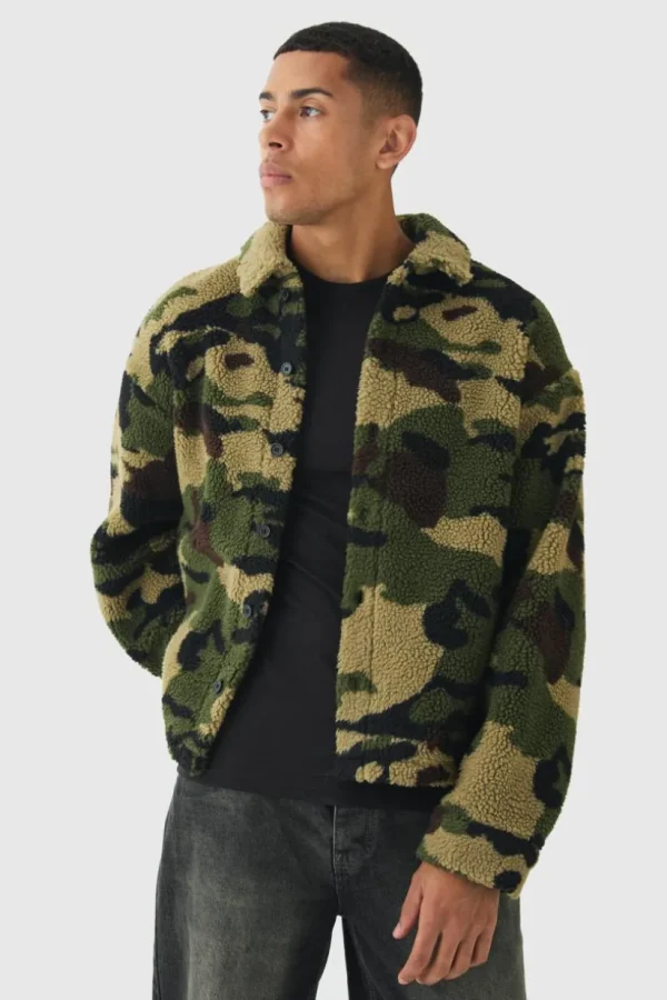 boohooMAN Jacquard Regular Fit Camo Borg Overshirt | Shirts | Going Out Shirts