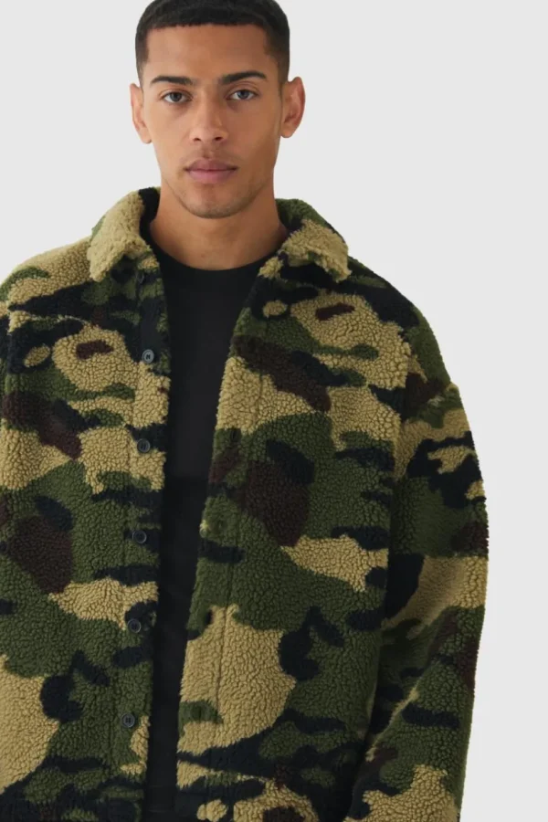 boohooMAN Jacquard Regular Fit Camo Borg Overshirt | Shirts | Going Out Shirts