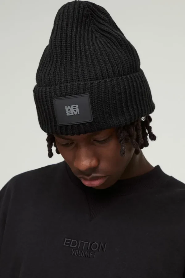 boohooMAN Knitted PU Plaque Beanie | Hats & Caps