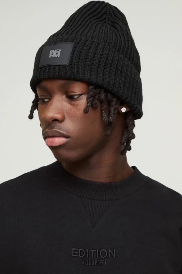 boohooMAN Knitted PU Plaque Beanie | Hats & Caps