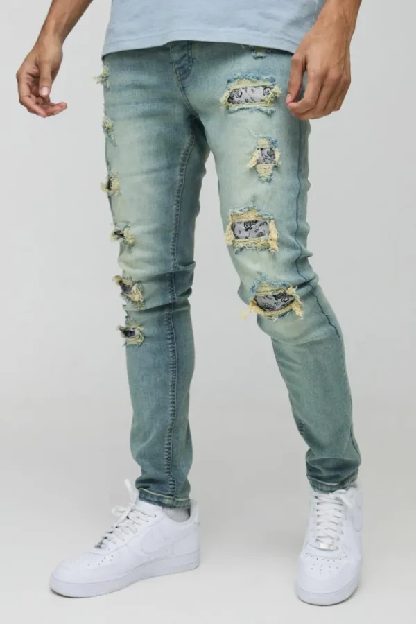 boohooMAN Lace Rip & Repair Washed Skinny Jeans | Denim | Going Out Denim