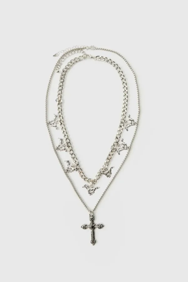 boohooMAN Layered Cross Necklace With Charms | Jewellery & Watches