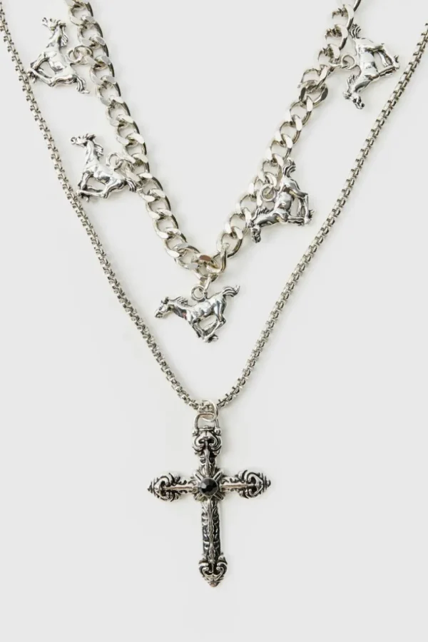 boohooMAN Layered Cross Necklace With Charms | Jewellery & Watches