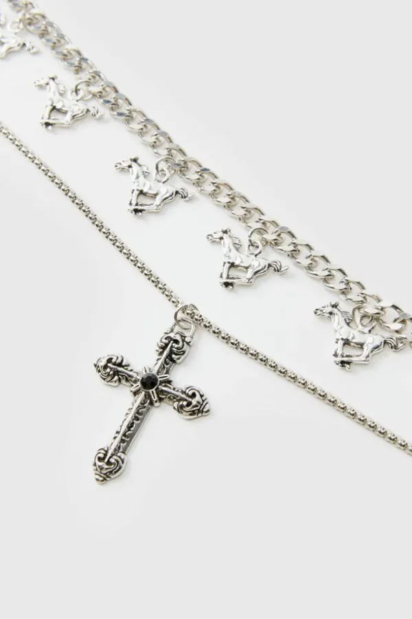 boohooMAN Layered Cross Necklace With Charms | Jewellery & Watches