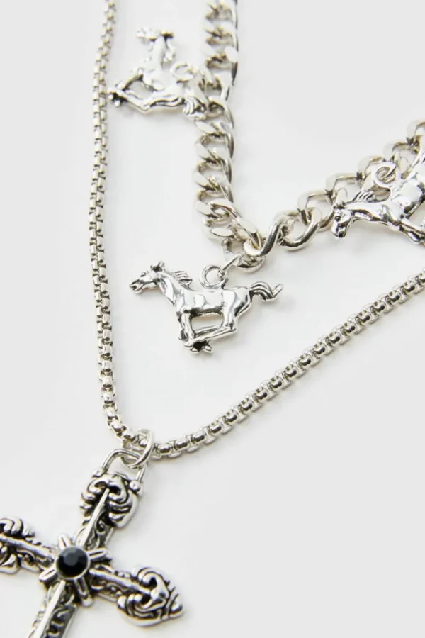 boohooMAN Layered Cross Necklace With Charms | Jewellery & Watches