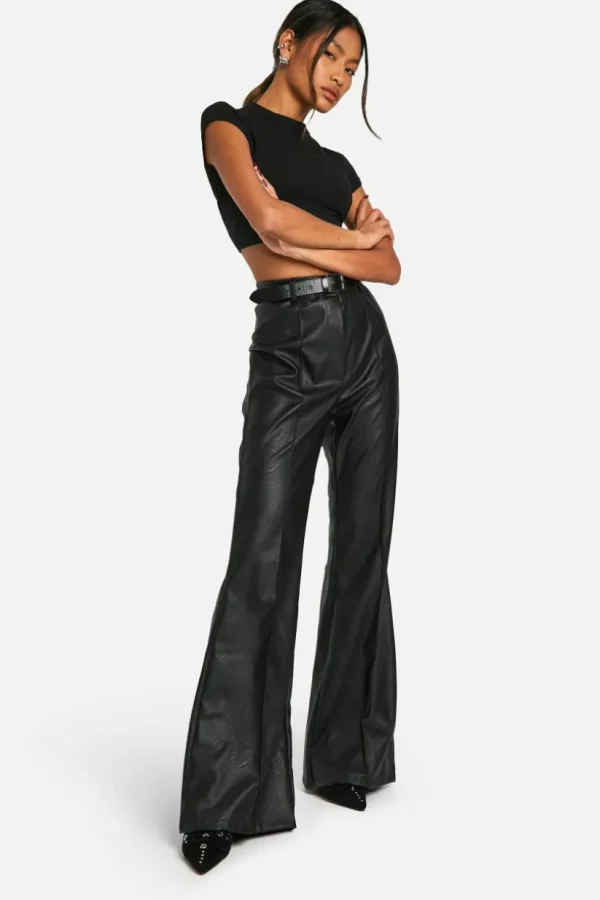 boohoo Leather Look High Waisted Seam Front Flared Trousers | Women Shirts | Foundation