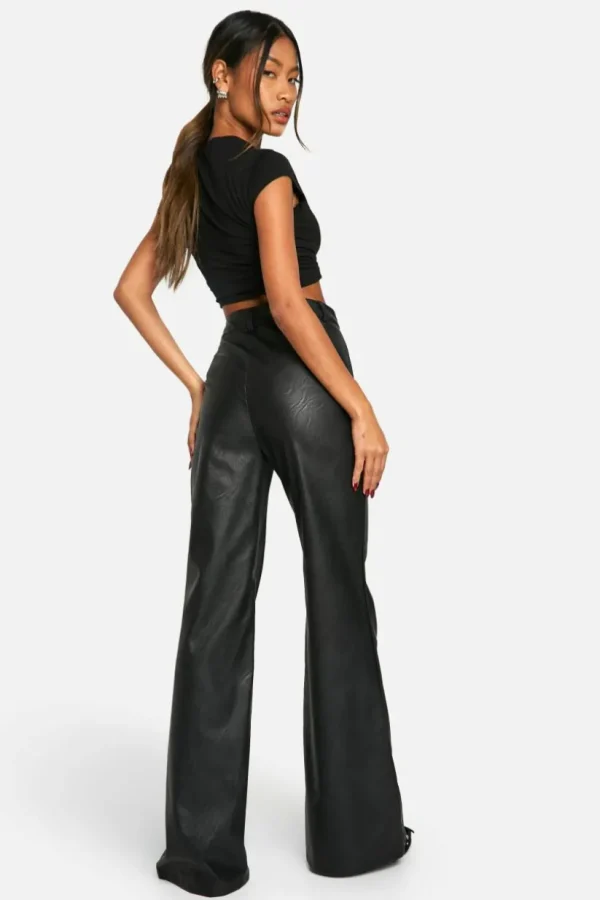 boohoo Leather Look High Waisted Seam Front Flared Trousers | Women Shirts | Foundation