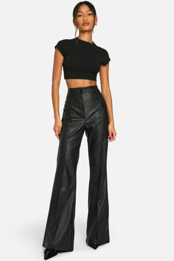 boohoo Leather Look High Waisted Seam Front Flared Trousers | Women Shirts | Foundation