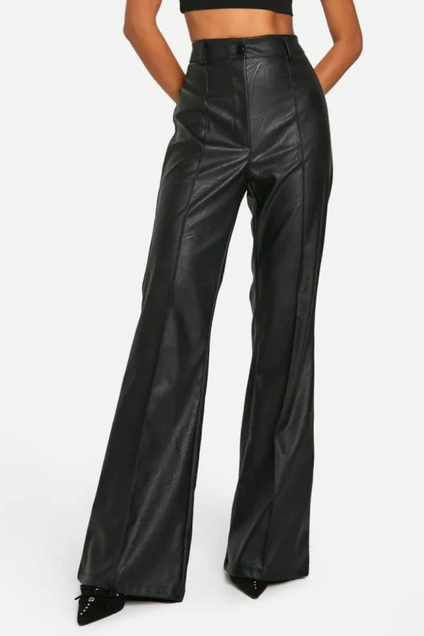 boohoo Leather Look High Waisted Seam Front Flared Trousers | Women Shirts | Foundation