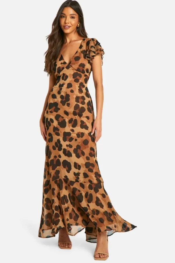 boohoo Leopard Crinkle Chiffon Angel Sleeve Maxi Dress | Women Shirts | Foundation